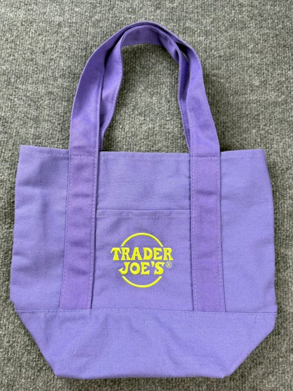 Trader Joe’s Mini Canvas Tote Bag Purple Yellow Embroidered Logo Small Pocket